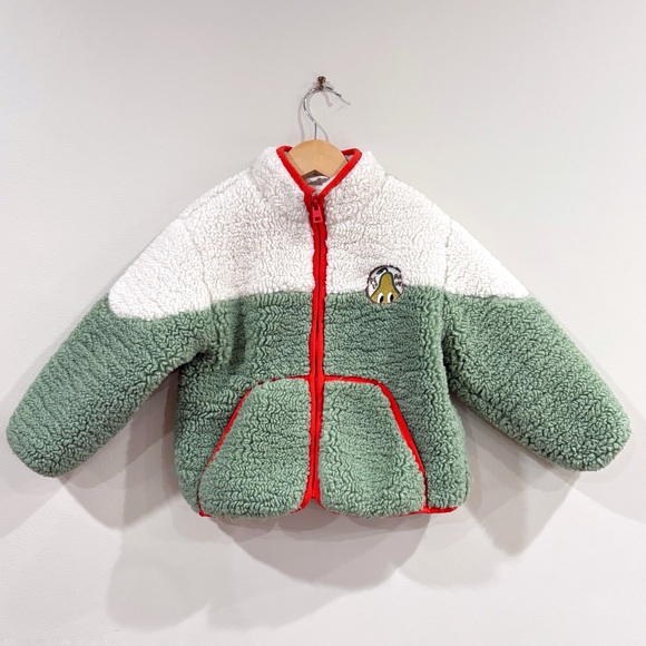 Zara Kids Sherpa Fleece Jacket 3-4Y Green Cream Colorblock Zip Coat Unisex - Picture 1 of 8